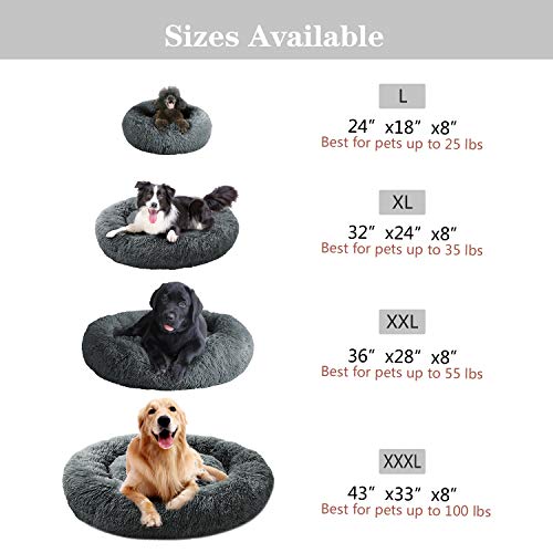 Calming Dog Bed Fluffy Plush Cat Bed, Washable Round Fur Donut Pet Bed for Large Medium Dogs and Cats, Faux Fur Cuddler Up to 11/15/24/45kg, Grey - Image 5