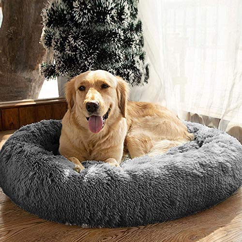 Calming Dog Bed Fluffy Plush Cat Bed, Washable Round Fur Donut Pet Bed for Large Medium Dogs and Cats, Faux Fur Cuddler Up to 11/15/24/45kg, Grey - Image 7