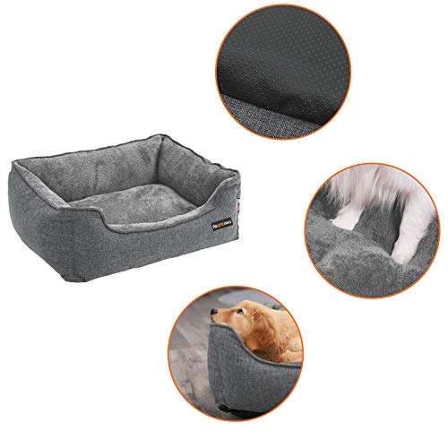 FEANDREA Dog Bed, Linen-Look Pet Bed, Dog Sofa Bed with Raised Edges, Non-Slip Bottom, Removable Washable Cover, L, for Medium Dogs, 90 x 75 x 25 cm, Light Grey - Image 5