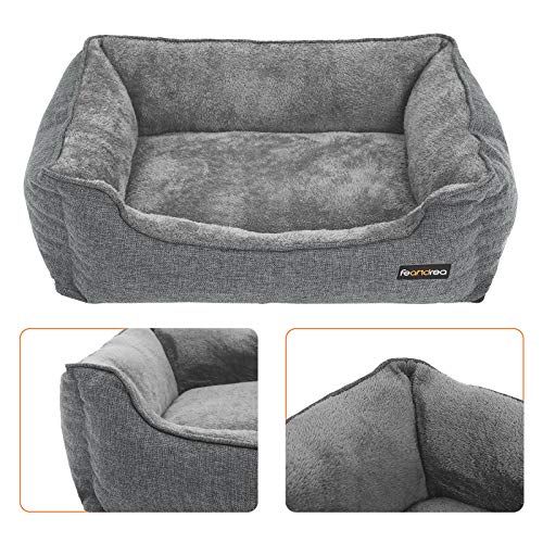 FEANDREA Dog Bed, Linen-Look Pet Bed, Dog Sofa Bed with Raised Edges, Non-Slip Bottom, Removable Washable Cover, L, for Medium Dogs, 90 x 75 x 25 cm, Light Grey - Image 7