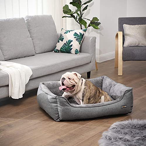 FEANDREA Dog Bed, Linen-Look Pet Bed, Dog Sofa Bed with Raised Edges, Non-Slip Bottom, Removable Washable Cover, L, for Medium Dogs, 90 x 75 x 25 cm, Light Grey - Image 8