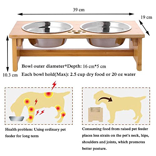 FOREYY Raised Dog Bowls for Cats and Dogs - Bamboo Elevated Dog Cat Food and Water Bowls Stands Feeder Dishes with 2 Stainless Steel Bowls and Anti Slip Feet - Image 3