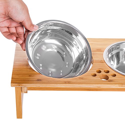 FOREYY Raised Dog Bowls for Cats and Dogs - Bamboo Elevated Dog Cat Food and Water Bowls Stands Feeder Dishes with 2 Stainless Steel Bowls and Anti Slip Feet - Image 6