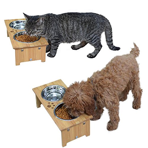 FOREYY Raised Dog Bowls for Cats and Dogs - Bamboo Elevated Dog Cat Food and Water Bowls Stands Feeder Dishes with 2 Stainless Steel Bowls and Anti Slip Feet - Image 8