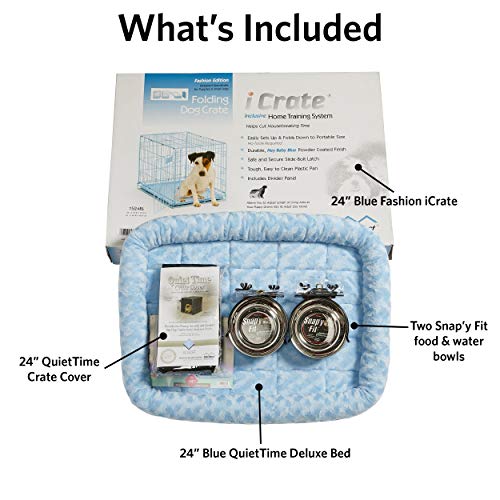MidWest Homes for Pets iCrate Dog Crate Starter Kit, 24 Inch Dog Crate Kit Ideal for Small Dog Breeds (weighing 13 - 25 Pounds), Includes Dog Crate, Pet Bed, 2 Dog Bowls and Dog Crate Cover (Blue) - Image 3