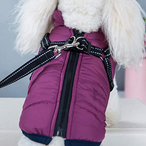 Dog Coat With Durable Harness Chest Strap Waterproof 2 In 1 Pet Autumn Winter Jacket Skiing Costume Sleeveless Cotton Padded Vest For Small Medium Large Dogs (XXL, Purple) - Image 4