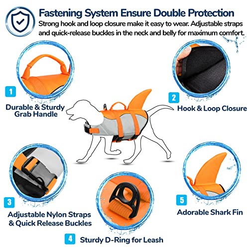 AOFITEE Dog Life Jacket Pet Safety Vest, Adjustable Dog Lifesaver Ripstop Pet Life Preserver with Rescue Handle for Small Medium and Large Dogs (Orange Shark, XS) - Image 5