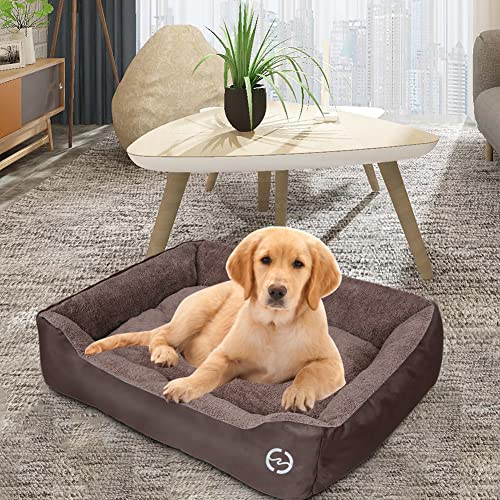FRISTONE Dog Beds Large Washable Pet Basket Orthopedic Kennel Bed for Large Dogs Deluxe Fleece Cushion Blanket XXL Brown 35.4x27.6in - Image 6
