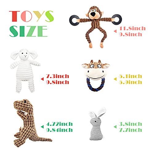 KONKY Squeaky Dog Toy Set, 5 Packs Durable Dog Plush Toys Chew Toys Dog Companion, Various Animals Shapes Training Toy for Puppy Small Medium Large Dogs (Dinosaur, Monkey, Sheep, Rabbit and Bull) - Image 7