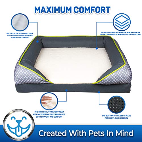 PET MAGASIN Large Orthopedic Memory Foam Bolster Dog Bed with Removable, Machine Washable, Non-Slip Covers & Waterproof Inner Cover for Incident Protection, Grey - Image 3