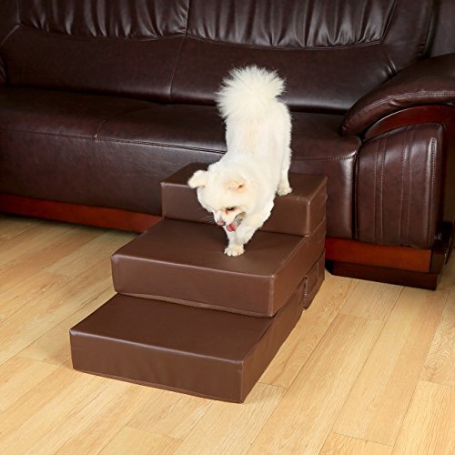 Portable Pet Stairs 2 Or 3 Steps For Dog Cat PU Leather Covered Padded Base Non Slip - Brown - Image 6