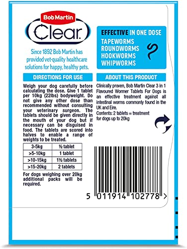 Bob Martin Clear 3-in-1 Wormer Tablets for Dogs Up To 20kg - 2 Tablets - Image 3