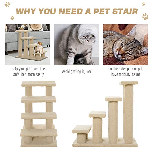 PawHut Dog Steps for Bed 4 Step Pet Stairs for Sofa Dog Cat Climb Ladder 63x43x60 cm Light Brown - Image 6