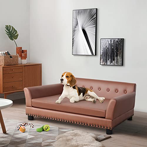 BingoPaw Large Dog Sofa Couch: Luxury Tech Leather Cloth Pet Sofa Chair for Medium Large Dogs - Wooden Frame Raised Waterproof Calming Indoor Cat Sofa Lounge Bed with Memory Foam Cushion Mat for Small Puppy - Image 4