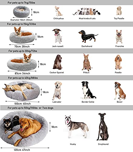 WEASHUME Calming Dog Cat Bed 50/70/85/100 Plush Donut for Large Medium Small Dog Cat Calming Anxiety Relief Fluffy Soft Cuddler Round Pet Nest Orthopedic Relief Anti-Slip Dark Grey 85cm - Image 7