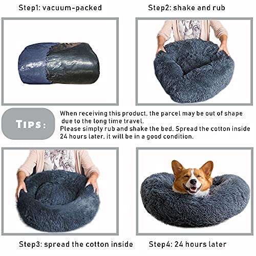 WEASHUME Calming Dog Cat Bed 50/70/85/100 Plush Donut for Large Medium Small Dog Cat Calming Anxiety Relief Fluffy Soft Cuddler Round Pet Nest Orthopedic Relief Anti-Slip Dark Grey 85cm - Image 8