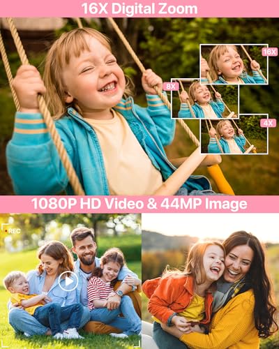 Digital Camera 1080P FHD Compact Digital Camera 44MP Portable Mini Small Photo Camera with 2.4" LCD Screen, 16X Digital Zoom and 1 Battery Vlogging Camera for Kids, Girls, Boys-Pink - Image 3