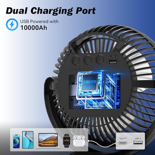 Ateroll 10000mAh Clip on Fan with Remote, 3 Speeds USB Rechargeable Fan with Timer & LED Lights, 360°Rotate 8" Battery Powered Desk Fans for Home Office Travel Camping(Black) - Image 5