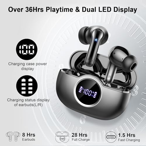 Wireless Earbuds, Bluetooth 5.4 Headphones in Ear with 4 ENC Mic, 2025 Wireless Headphones Noise Cancelling Ear Buds, Deep Bass Stereo Bluetooth Earphone 36H Playtime, IP7 Waterproof/LED Display/USB-C - Image 6