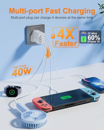 USB C Plug, 40W 4-Port Fast Charger Plug UK, USB C Charger with 20W PD Power Adapter+QC 3.0+Dual USB, Multi Mains Wall Charger Type C Charging Plug for iPhone Series, Samsung, iPad, AirPods,Watch, PS5 - Image 3