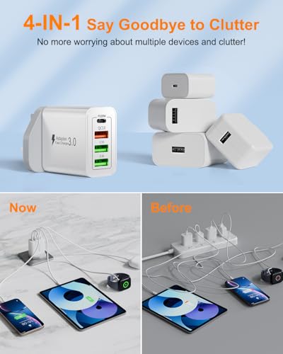 USB C Plug, 40W 4-Port Fast Charger Plug UK, USB C Charger with 20W PD Power Adapter+QC 3.0+Dual USB, Multi Mains Wall Charger Type C Charging Plug for iPhone Series, Samsung, iPad, AirPods,Watch, PS5 - Image 6