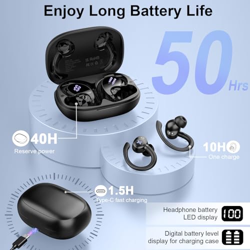 Wireless Earbuds, Bluetooth 5.4 Headphones Sport with Deep Bass Stereo, 60H Bluetooth Earphones with Earhooks 4 ENC Noise Cancelling Mic, Bluetooth Earbuds IP7 Waterproof, LED Display for Running/Gym - Image 5
