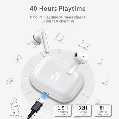 Wireless Earbuds, Bluetooth 5.4 Headphones in Ear 3D Bass Stereo, 40H Wireless Earphones with 4 ENC Noise Cancelling Mic, IP7 Waterproof Bluetooth Earbuds LED USB-C, Hands-Free Calls with AI, White - Image 4