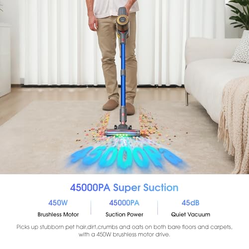Cordless Vacuum Cleaner,Stick Vacuum 45KPA/450W/60min,Wall-mounted Charging/V-shaped Anti-Tangle,with Self-standing Function and Removable Battery,Vacuum Cleaner for Pet Hair,Carpets and Hard Floors - Image 3