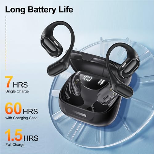 Open Ear Headphones, 3D HiFi Bluetooth 5.4 Wireless Earbuds with Noise Canceling, 67H Playtime Open EarBuds with Fast Chargin, IP7 Waterproof Light Weight Sport Earphones For Running, Fitness. Black - Image 5