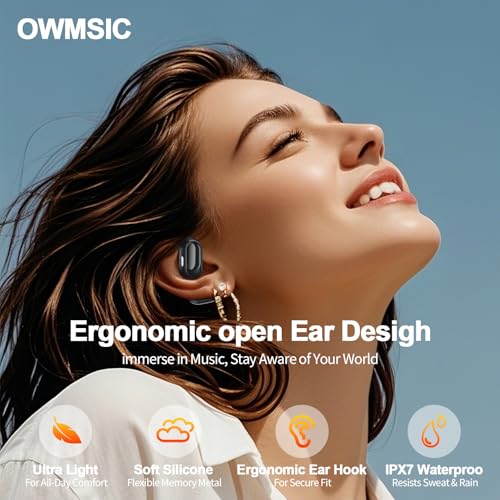 Open Ear Headphones, 3D HiFi Bluetooth 5.4 Wireless Earbuds with Noise Canceling, 67H Playtime Open EarBuds with Fast Chargin, IP7 Waterproof Light Weight Sport Earphones For Running, Fitness. Black - Image 6