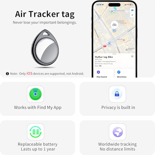 QCOQ Air Tracker Tags 4 Pack, Black | Smart Bluetooth Tags Compatible with Apple Find My (iOS Only), Item Locator with Keychain/Lanyard for Keys/Luggages/Wallets/Suitcases, Replaceable Battery, 100dB - Image 3