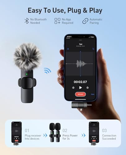 MENERESAS Mini Microphone for iPhone/Android: 3-in-1 Wireless Lavalier Microphone with Crystal Sound and Noise Reduction for Camera, Professional Video Recording, YouTube, TikTok - Image 3