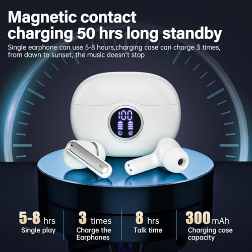 Sisism A10 Pro Wireless Earbuds Bluetooth 5.3 HiFi Stereo, 50H Playback LED Digital Display Earphones, ENC Noise Cancelling Mic, Ergonomic Sport Headphone Headset for Gym/Running/Work - White - Image 4