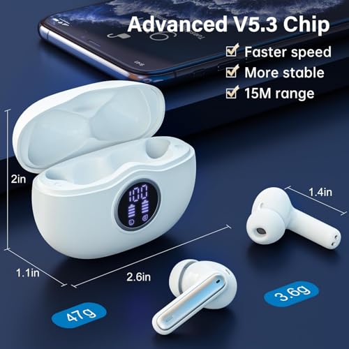 Sisism A10 Pro Wireless Earbuds Bluetooth 5.3 HiFi Stereo, 50H Playback LED Digital Display Earphones, ENC Noise Cancelling Mic, Ergonomic Sport Headphone Headset for Gym/Running/Work - White - Image 5