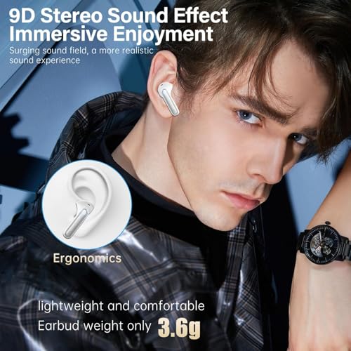 Sisism A10 Pro Wireless Earbuds Bluetooth 5.3 HiFi Stereo, 50H Playback LED Digital Display Earphones, ENC Noise Cancelling Mic, Ergonomic Sport Headphone Headset for Gym/Running/Work - White - Image 6