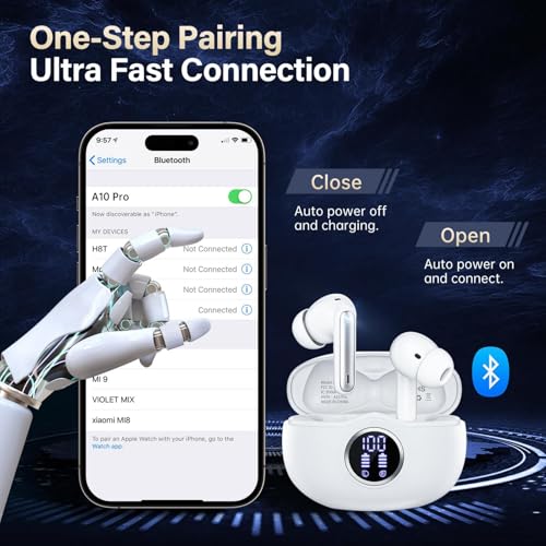 Sisism A10 Pro Wireless Earbuds Bluetooth 5.3 HiFi Stereo, 50H Playback LED Digital Display Earphones, ENC Noise Cancelling Mic, Ergonomic Sport Headphone Headset for Gym/Running/Work - White - Image 8