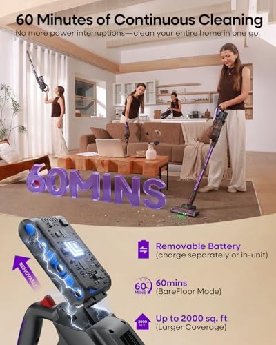 AlloyMove Cordless Vacuum Cleaner, 45Kpa/60Mins/450W Stick Vacuum Cleaners for Home, Anti-Tangle Vacuum Cleaner with Detachable Battery&Self-Standing, Lightweight Vacuum for Floor Carpet Pet Hair A03 - Image 4