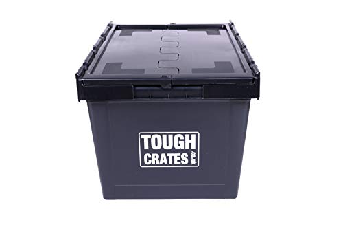 Tough Crates 5 x Heavy Duty Plastic Storage Boxes Black With Attached Lids Tote Boxes (60 Litre) - Image 4