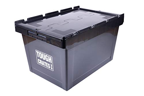 Tough Crates 5 x Heavy Duty Plastic Storage Boxes Black With Attached Lids Tote Boxes (60 Litre) - Image 5