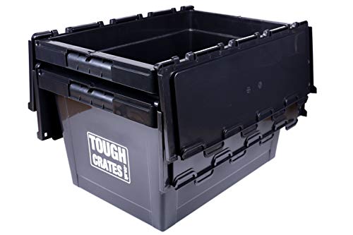 Tough Crates 5 x Heavy Duty Plastic Storage Boxes Black With Attached Lids Tote Boxes (60 Litre) - Image 6