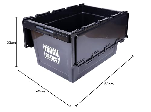 Tough Crates 5 x Heavy Duty Plastic Storage Boxes Black With Attached Lids Tote Boxes (60 Litre) - Image 11