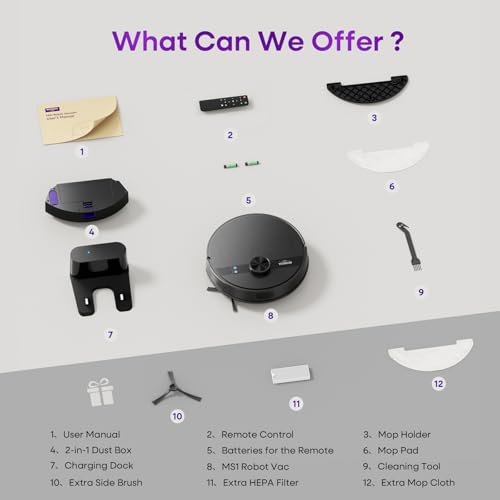 MS1 Robot Vacuum Cleaner with Mop, 5000Pa Robotic Vacuum Cleaner with Lidar Navigation, 180mins Runtime, 5 Editable Maps, APP/Remote/Voice Control, Ideal for Hard Floors and Carpets - Image 10